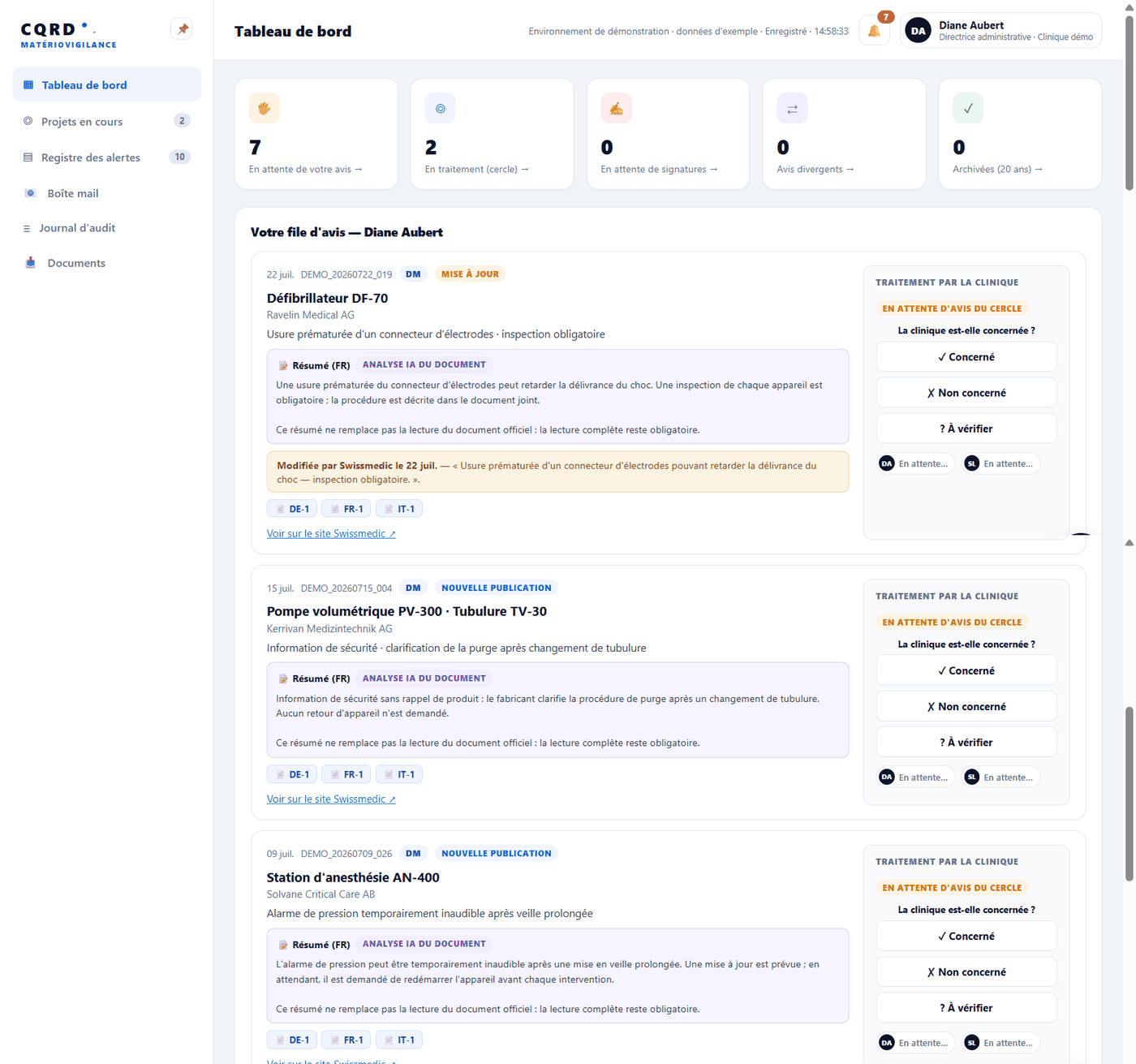 Tableau de bord Matériovigilance de CQRD : compteurs d'alertes en attente d'avis, puis des cartes d'alerte avec leur résumé, les documents par langue et les boutons Concerné, Non concerné, À vérifier.
